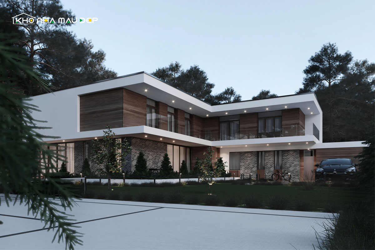 Mẫu nhà chữ L 2 tầng 600 triệu mái bằng