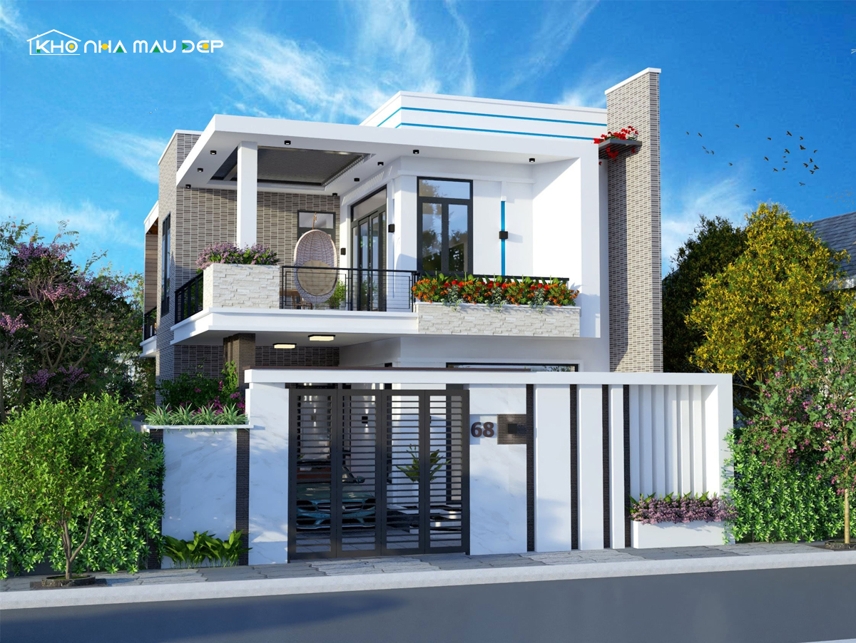 Mẫu nhà mái bằng 2 tầng ở nông thôn thiết kế đơn giản với các hình khối ô vuông