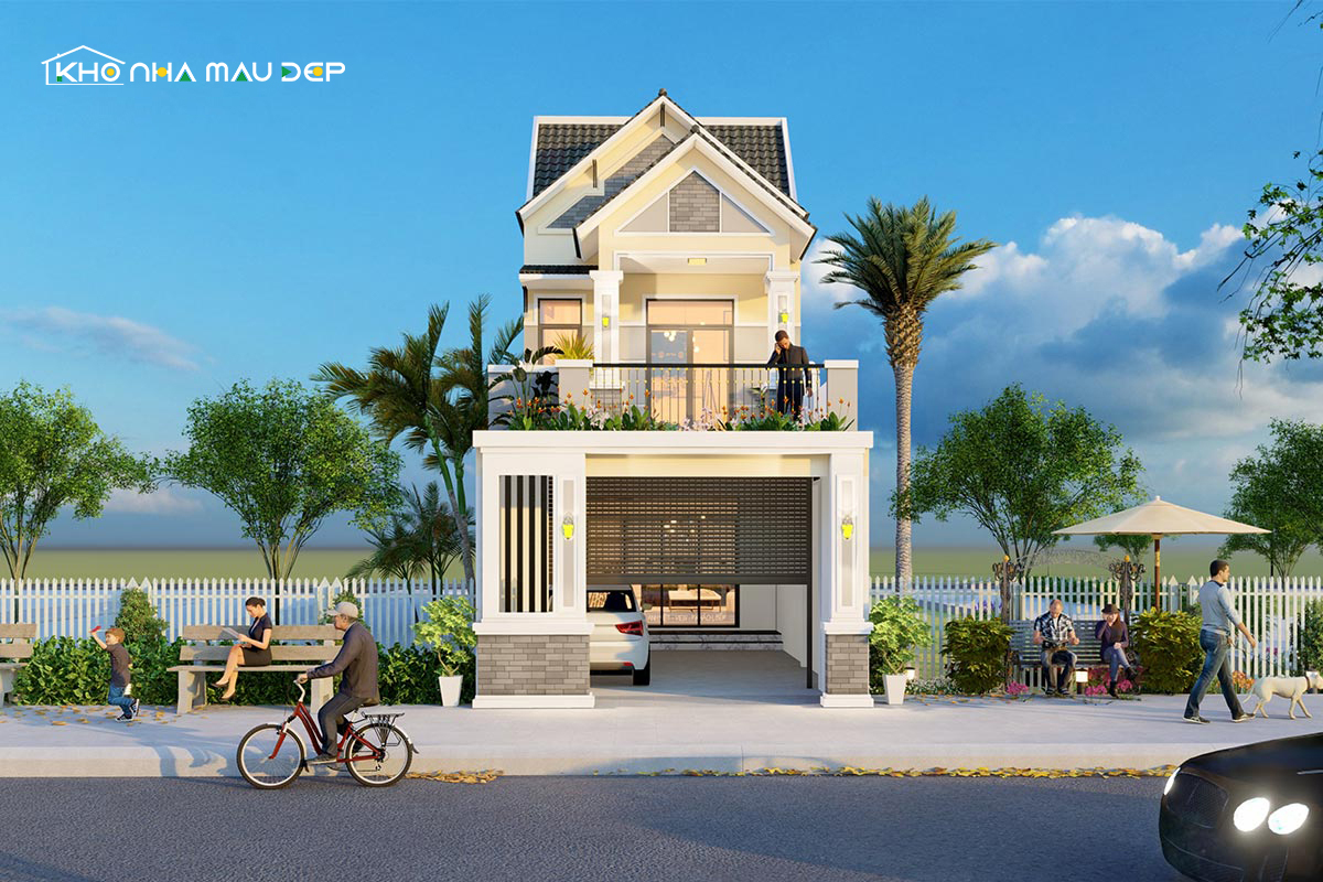 Mẫu thiết kế nhà ống 2 tầng mặt tiền 5m mái Thái phong cách hiện đại