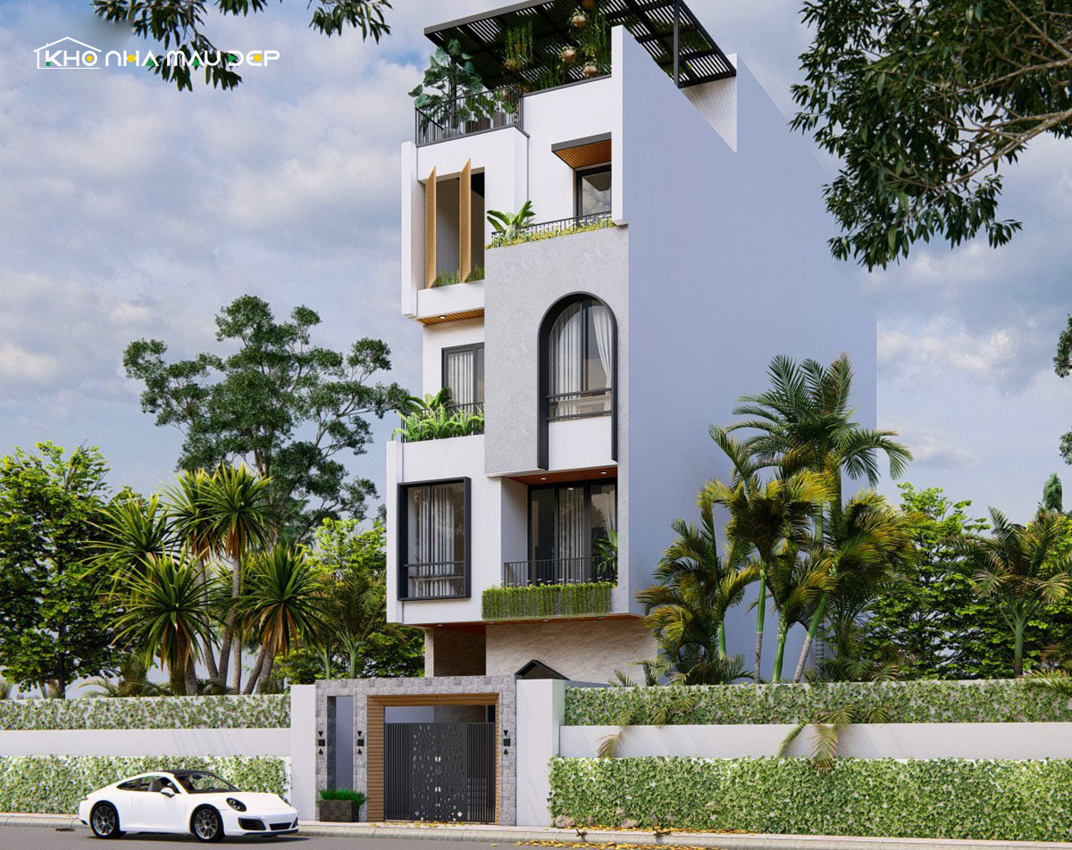 Mẫu thiết kế nhà phố 4 tầng có sân vườn trên tầng thượng