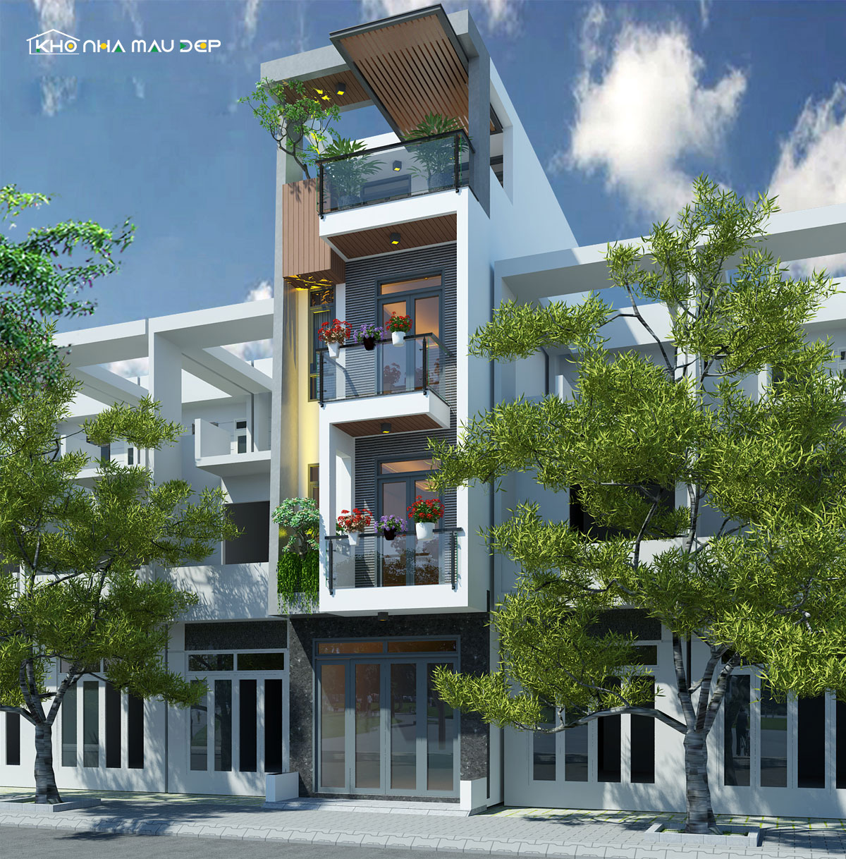 Thiết kế nhà phố 4 tầng hiện đại có ban công rộng rãi được thiết kế theo kiểu kiến trúc mở 