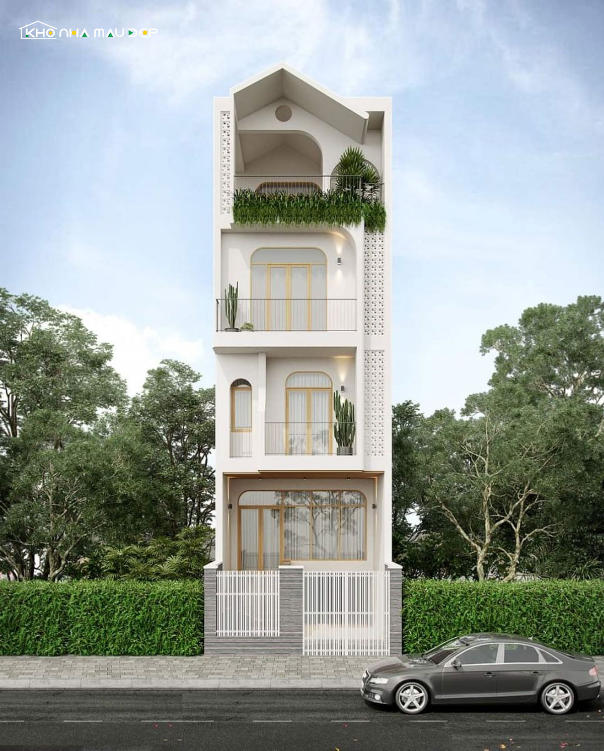 Mẫu thiết kế nhà phố 4 tầng mái lệch độc đáo