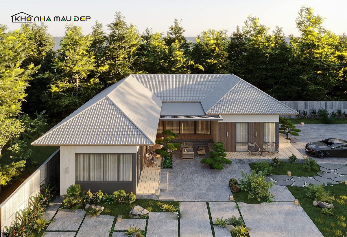 Mẫu nhà vườn chữ L ở nông thôn được xây dựng trên quỹ đất rộng, có nhiều không gian thư giãn cho các gia chủ 