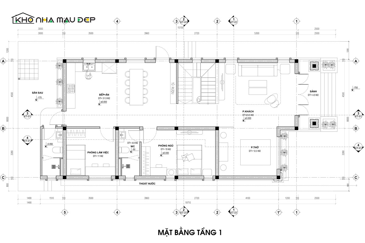 Mặt bằng tầng 1 thiết kế nhà mặt tiền 8m sâu 12m