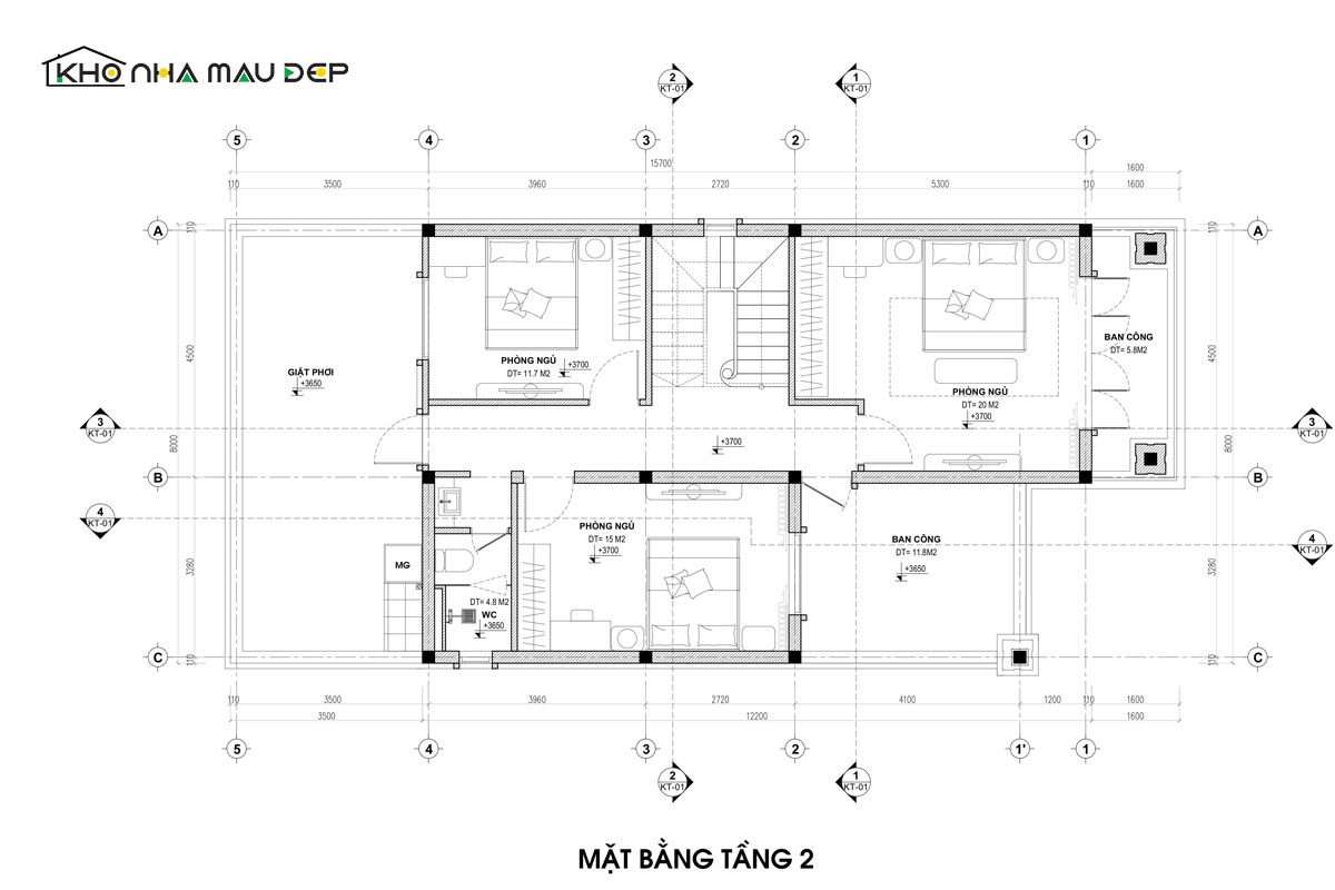 Mặt bằng tầng 2 thiết kế nhà mặt tiền 8m sâu 12m