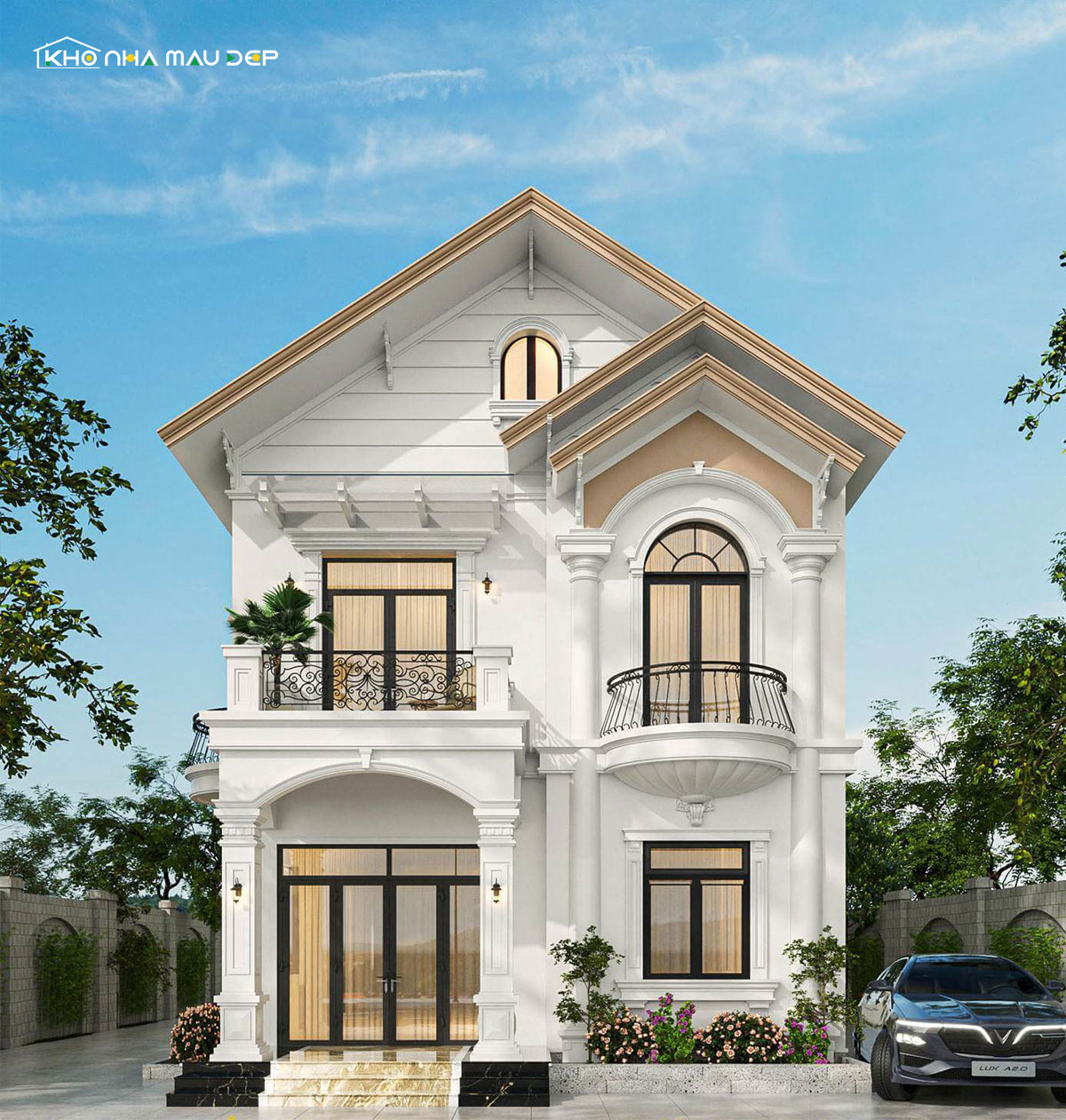 Mẫu nhà 2 tầng nông thôn 500 triệu có ban công rộng được tận dụng trồng cây cảnh