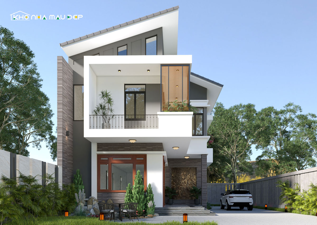 Mẫu nhà 2 tầng nông thôn 500 triệu thiết kế mái lệch độc đáo