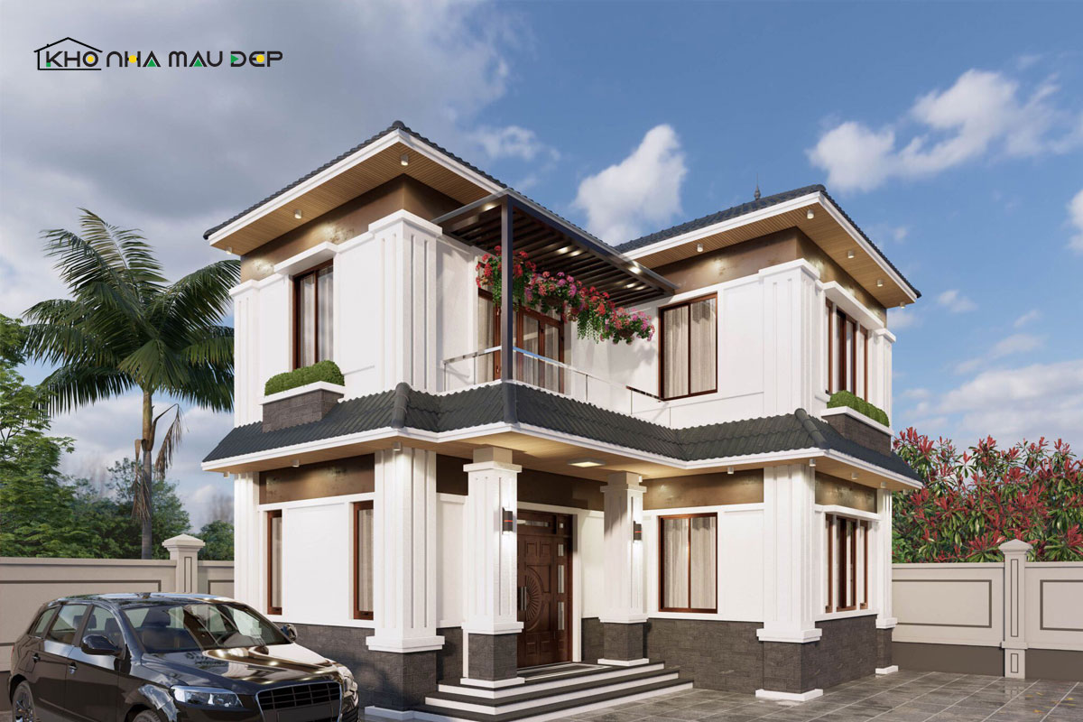 Mẫu nhà 2 tầng thiết kế hình chữ L xây dựng ở nông thôn chi phí 500 triệu
