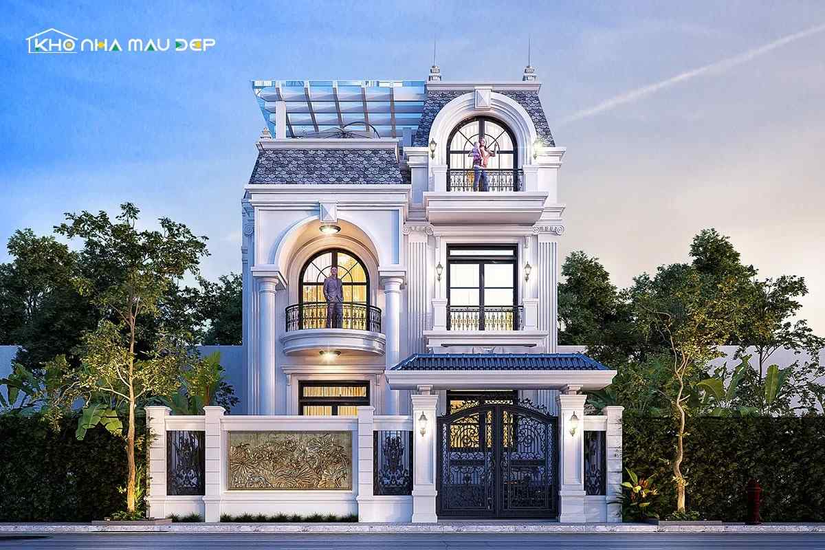 Mẫu nhà mặt tiền 7m 2 tầng thiết kế theo phong cách tân cổ điển nổi bật với các cột trụ lớn