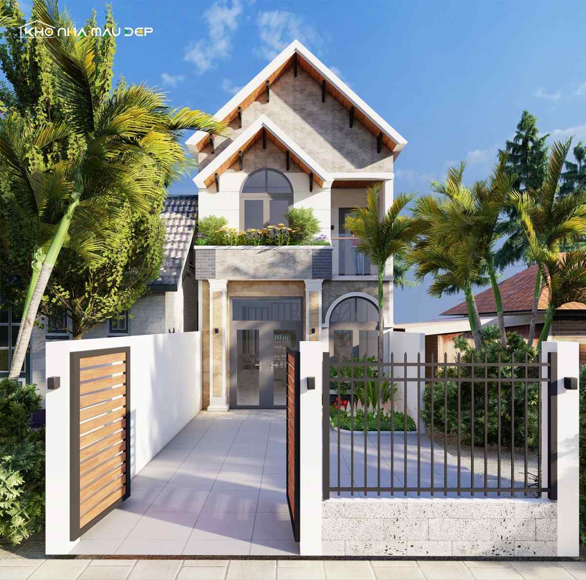 Mẫu nhà mặt tiền 7m 2 tầng thiết kế có sân vườn trồng nhiều cây xanh tạo không gian trong lành, tươi mát cho tổng thể ngôi nhà