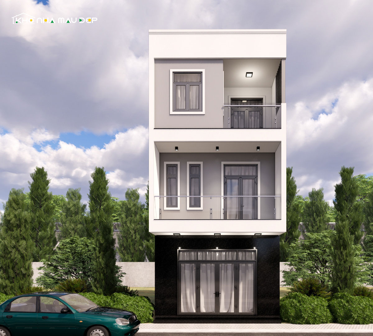 Mẫu nhà 1 trệt 2 lầu 4x15 mái bằng