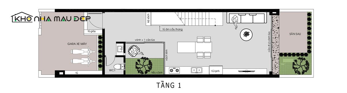 Mặt bằng công năng tầng 1 mẫu thiết kế nhà 2 tầng 4x20m