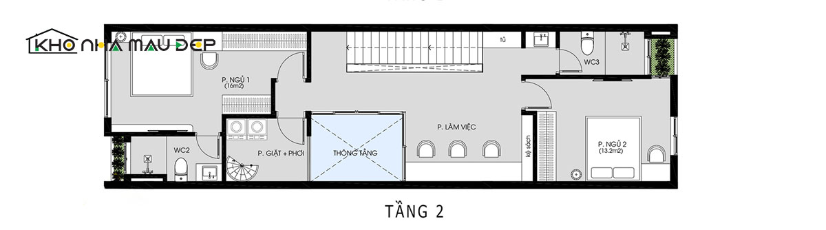 Mặt bằng công năng tầng 2 mẫu thiết kế nhà phố 2 tầng 4x20m