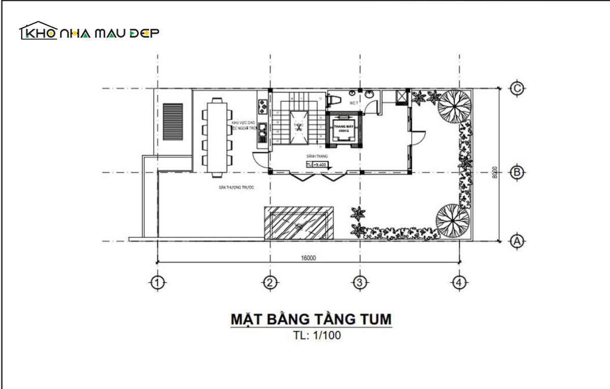 Bản vẽ công năng tầng tum cho nhà đẹp 4 tầng 4x16m