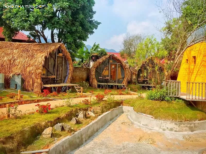Mẫu thiết kế homestay nhà vườn dạng tổ chim với hình khối mềm mại