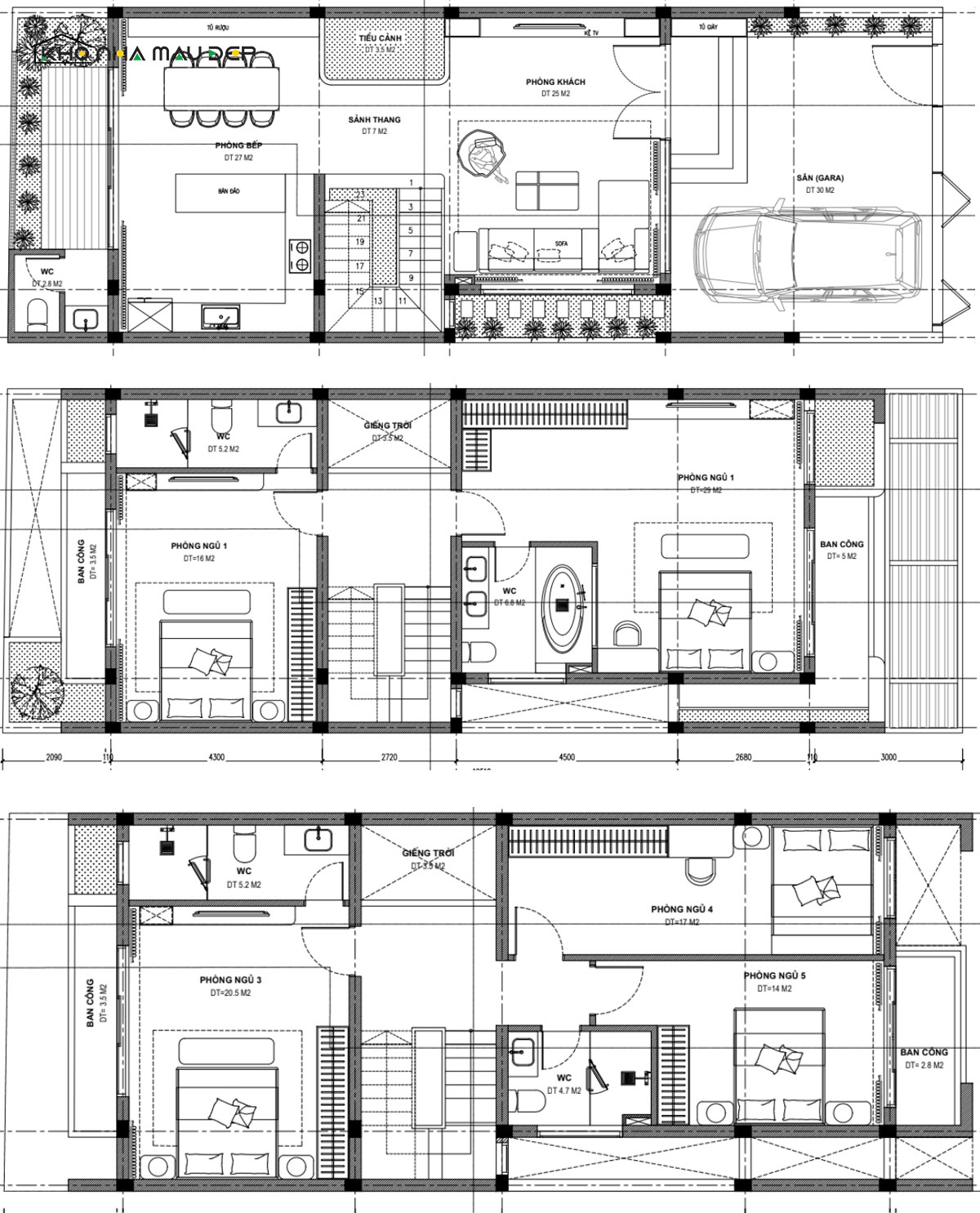 Bản vẽ thiết kế nhà phố 8m 3 tầng có gara