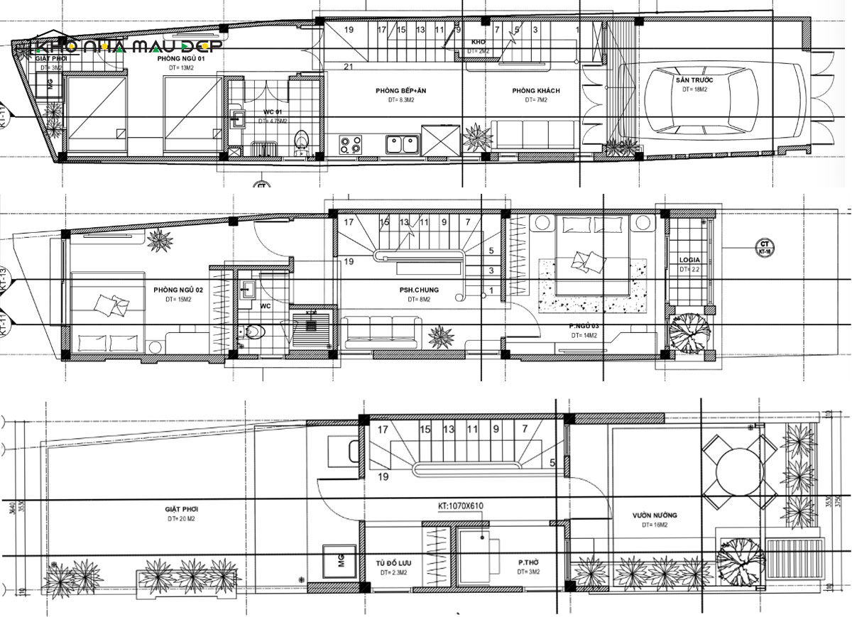 Bản vẽ thiết kế mặt tiền nhà phố 3 tầng 8m sâu 15m