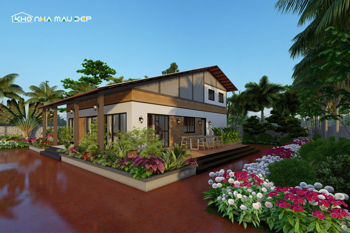 Mẫu nhà vườn nhỏ xinh 120tr ở nông thôn có sân vườn trồng nhiều loại hoa giúp nâng tính thẩm mỹ cho cả ngôi nhà 