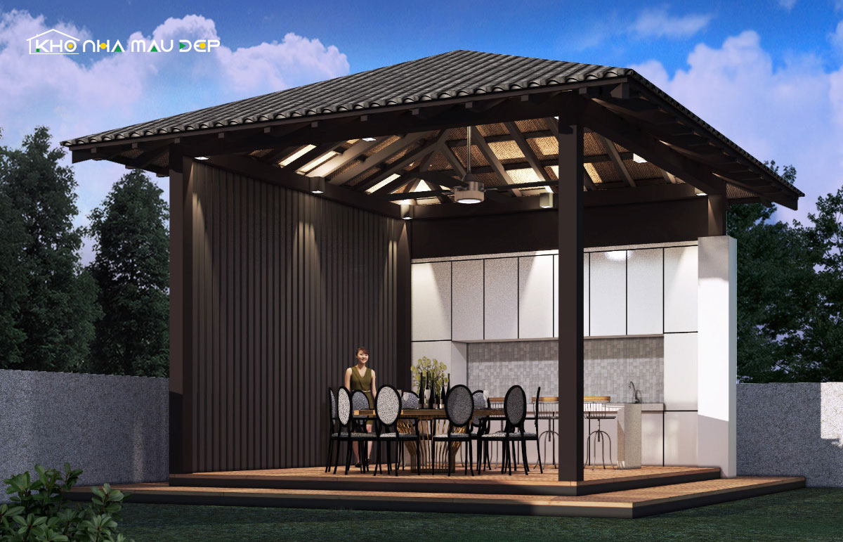 Mẫu nhà chòi đẹp được thiết kế theo kiểu truyền thống làm nơi tổ chức các bữa tiệc của cả gia đình