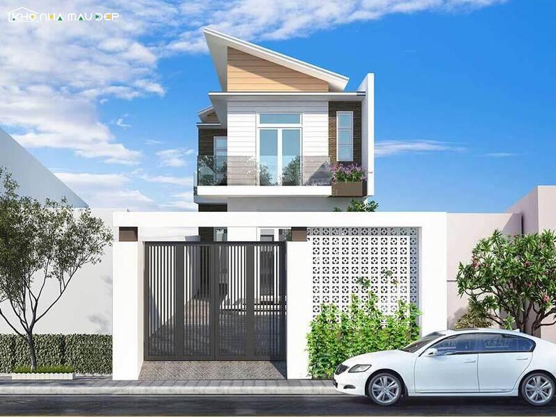 Phương án mái lệch trẻ trung dành cho gia đình muốn xây nhà 1 trệt 1 lầu kết hợp cửa kính lớn và ban công thoáng giúp không gian luôn sáng tự nhiên