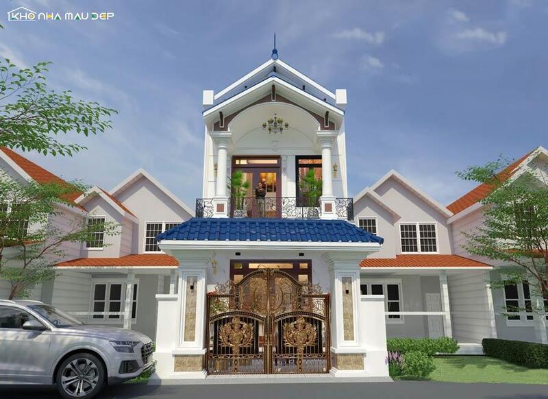 Mẫu nhà 1 trệt 1 lầu phong cách tân cổ điển nổi bật với hệ cột trụ cân đối