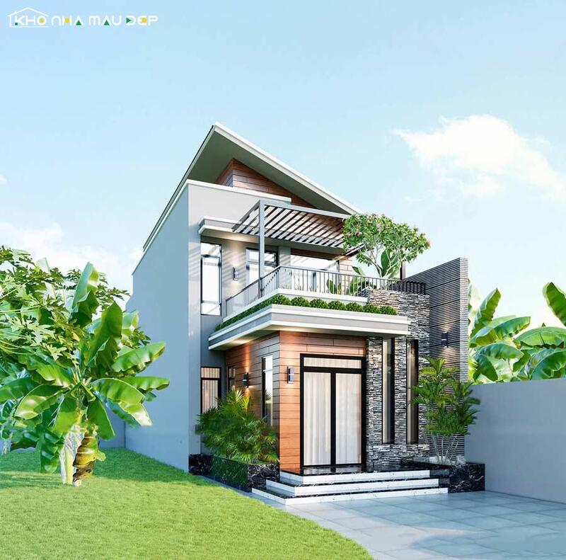 Mẫu nhà 1 trệt 1 lầu sân vườn thiết kế hiện đại với ban công rộng và lam gỗ che nắng