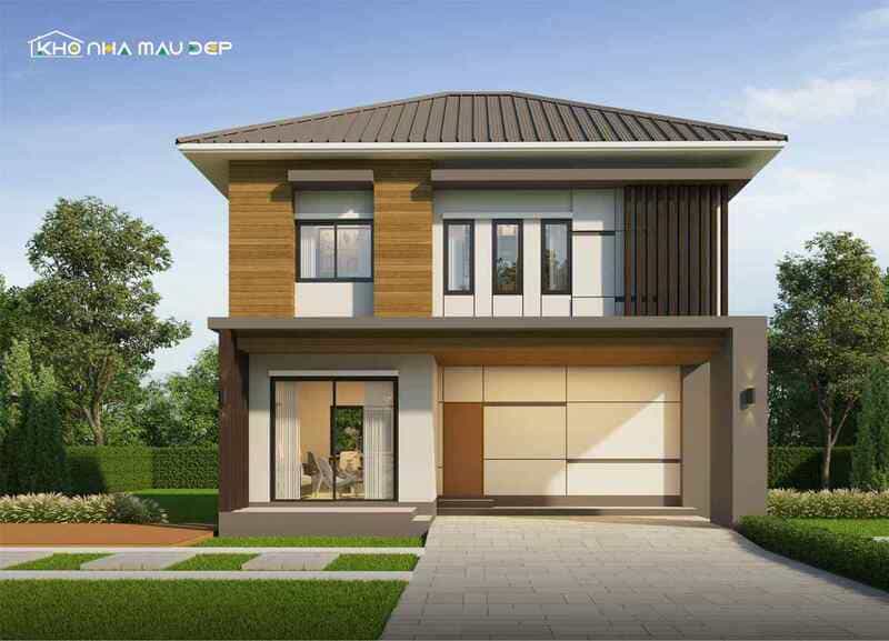 Mẫu nhà vuông 2 tầng thiết kế phong cách hiện đại có gác lửng giúp tăng diện tích sử dụng cho gia đình