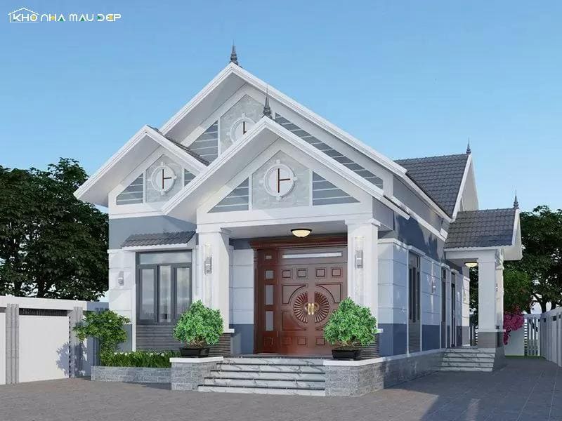 Mẫu nhà vuông đẹp cấp 4 với hệ mái dốc và cột trụ trang trí tinh tế