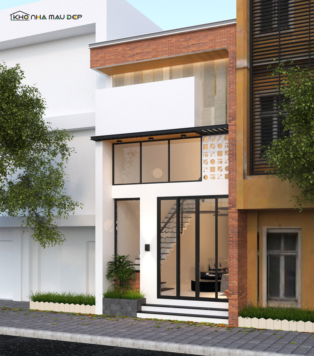 Mẫu thiết kế nhà 2 tầng có phòng thờ tầng 1 hình ống