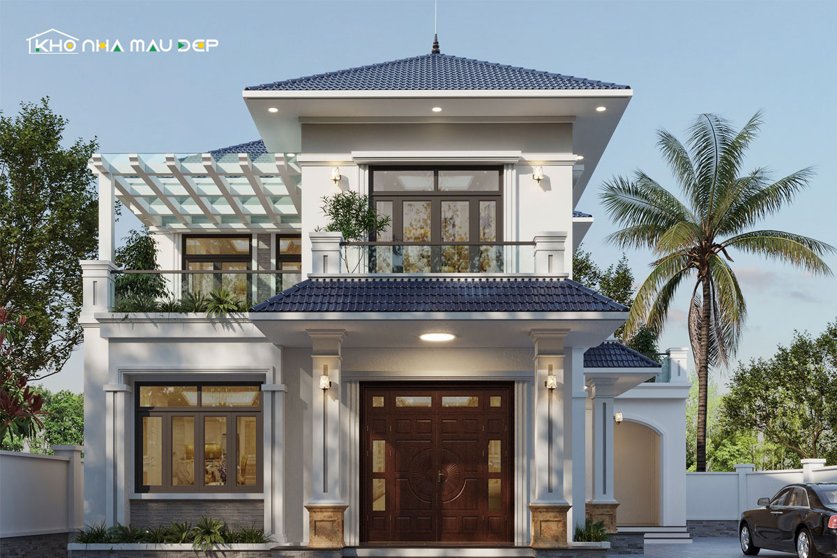 Mẫu thiết kế nhà 2 tầng có phòng thờ tầng 1 mái Nhật