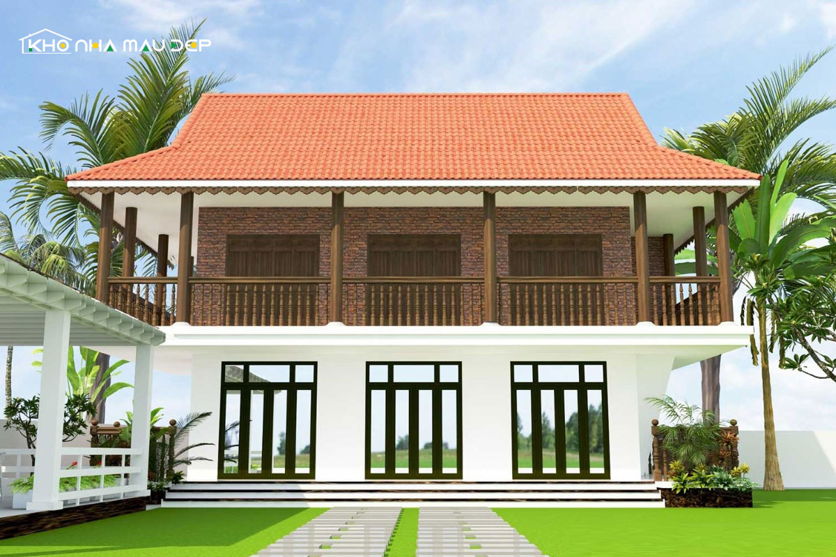Mẫu thiết kế nhà 2 tầng có phòng thờ tầng 2 dạng 3 gian và 4 mái