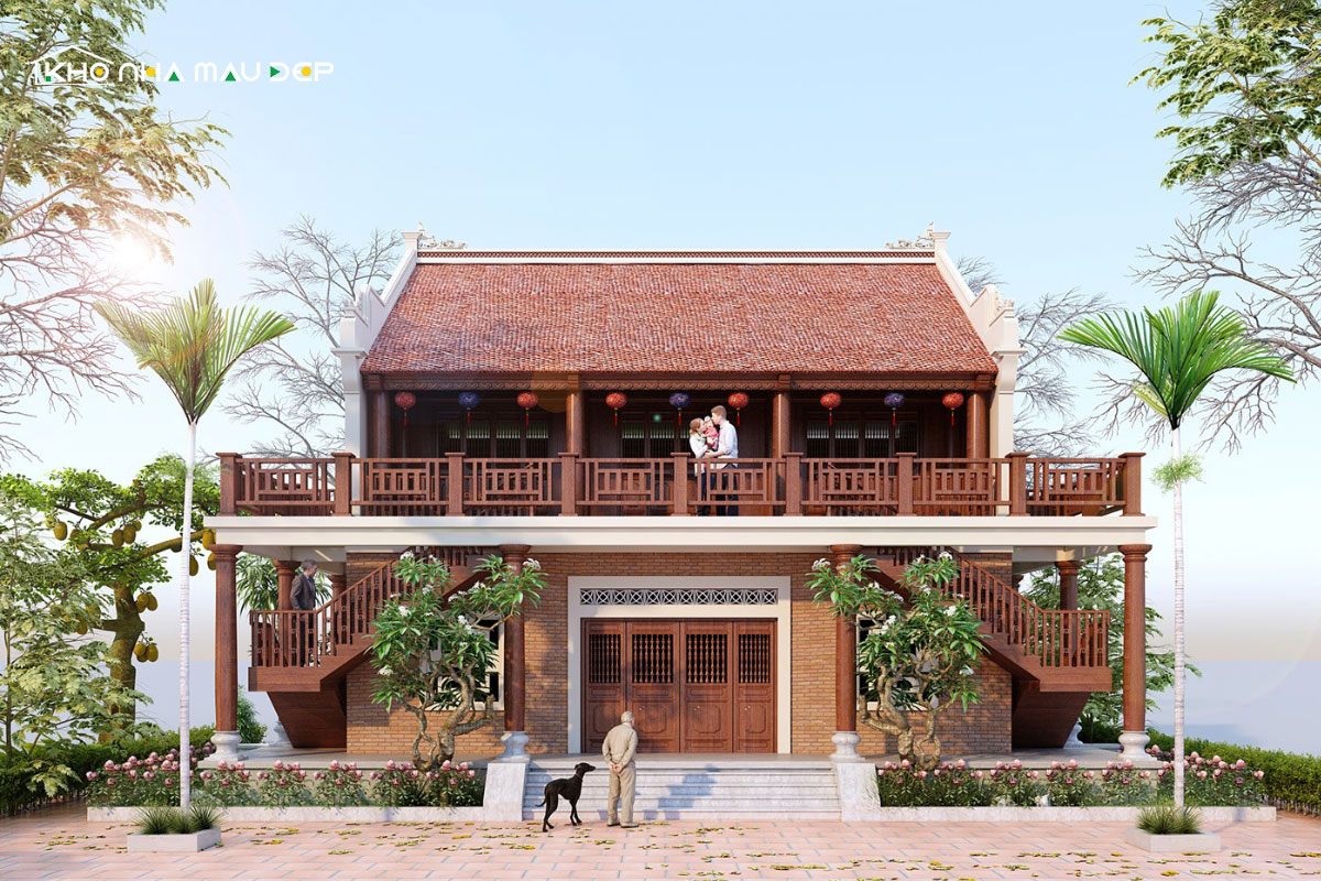 Mẫu thiết kế nhà 2 tầng có phòng thờ tầng 2 làm cầu thang ngoài trời