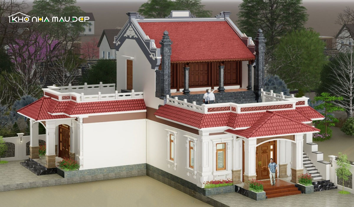 Mẫu thiết kế nhà 2 tầng có phòng thờ tầng 2 với hành lang rộng rãi