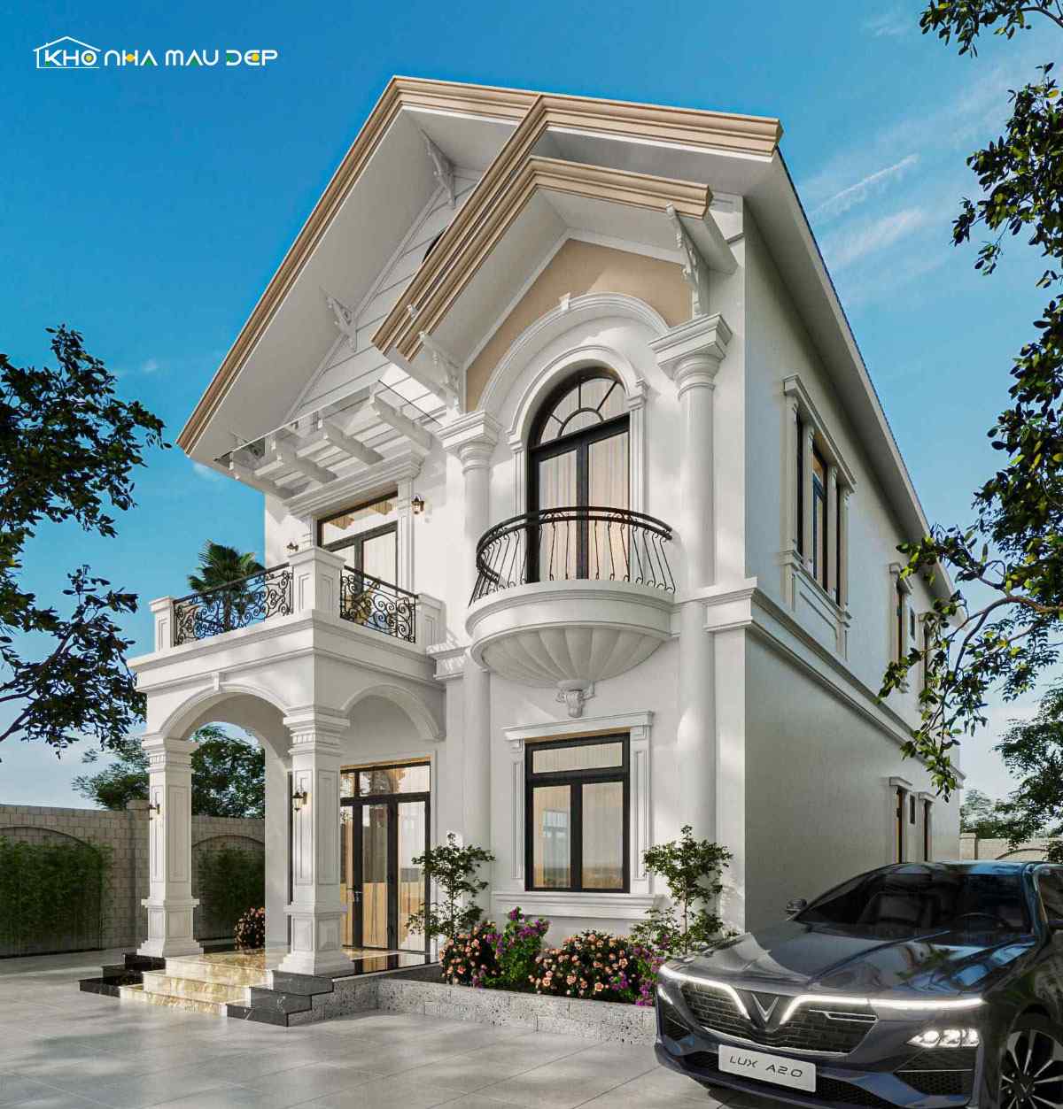 Mẫu nhà 2 tầng mặt tiền 7m nổi bật với cách thiết kế kết hợp phong cách tân cổ điển với hệ mái Thái sang trọng