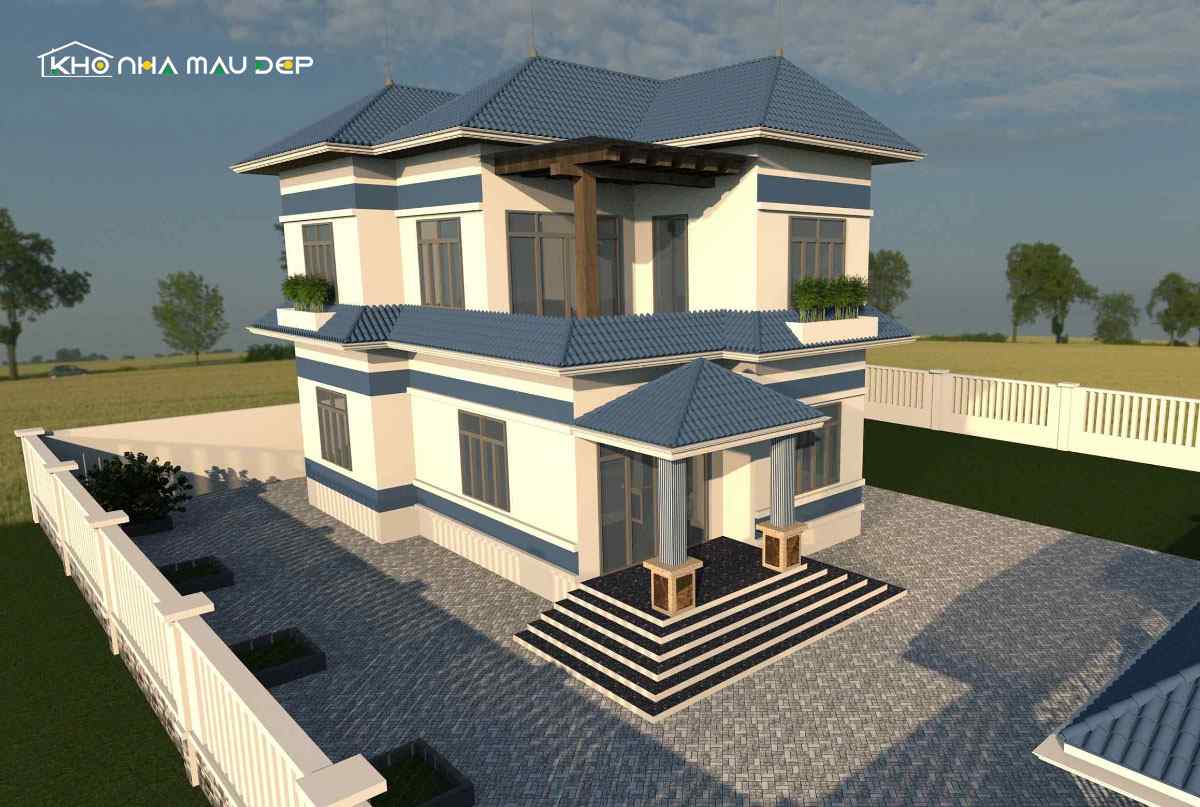 Mẫu nhà mặt tiền 7m 2 tầng có diện tích khá lớn để thiết kế thêm sân vườn bên cạnh nhà