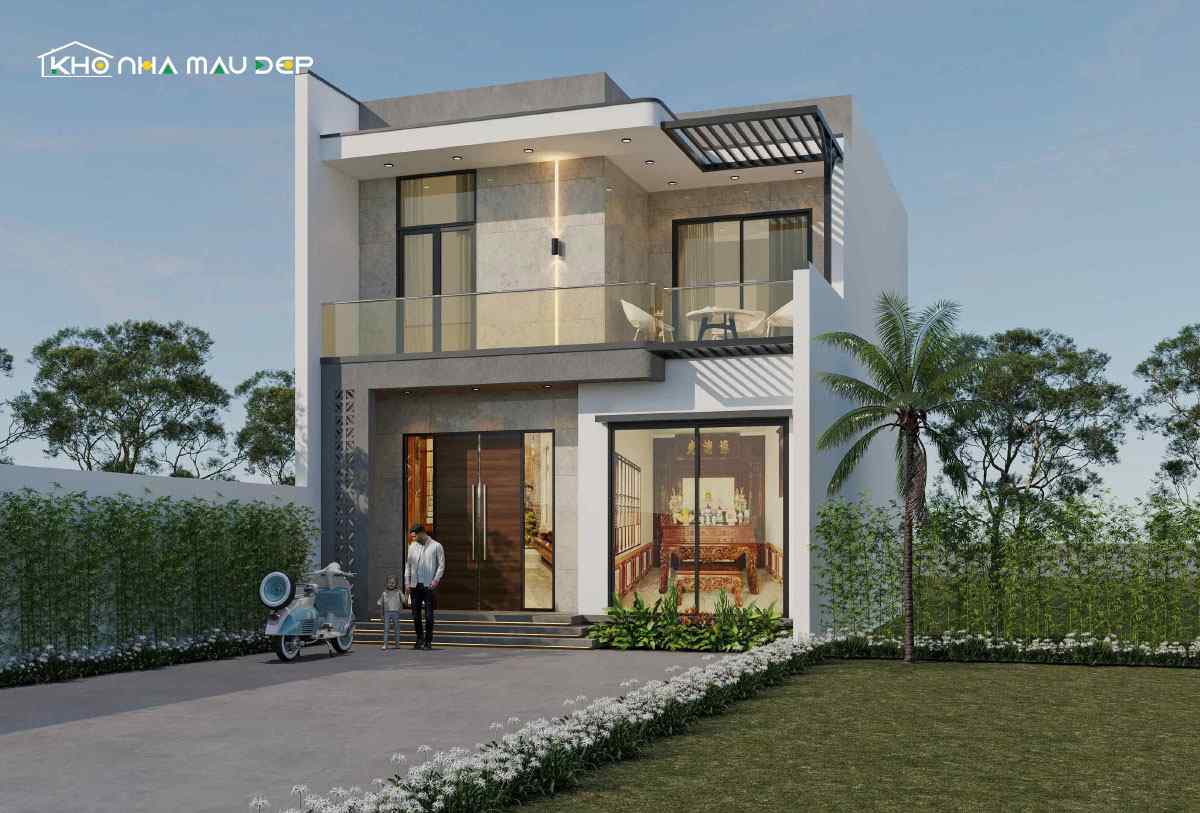 Thiết kế mẫu nhà mặt tiền 7m 2 tầng có sân thượng rộng rãi, thích hợp tổ chức các bữa tiệc nhỏ cho gia đình