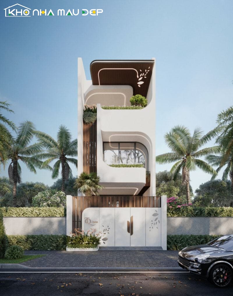 Mẫu nhà 1 trệt 2 lầu 4x15 thiết kế lệch tầng hiện đại, mặt tiền bo cong mềm mại