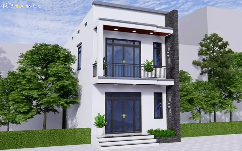 Thiết kế nhà 2 tầng hiện đại 3 phòng ngủ với mặt tiền tối giản, ban công nhỏ kết hợp cửa kính lớn