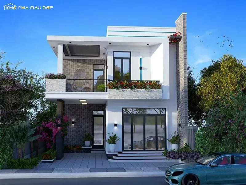 Thiết kế nhà 2 tầng hiện đại với ban công rộng phía trước, lan can kính kết hợp mảng xanh