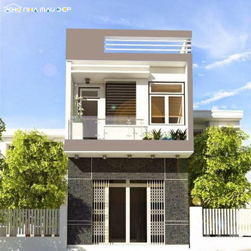 Thiết kế nhà 2 tầng có gác lửng với mặt tiền hiện đại