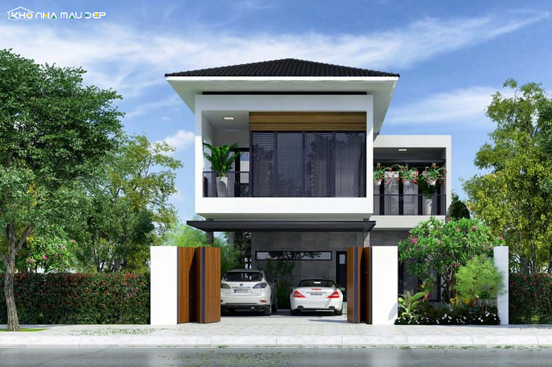 Thiết kế nhà 2 tầng hiện đại có gara ô tô phía trước, tầng trệt bố trí không gian để xe rộng