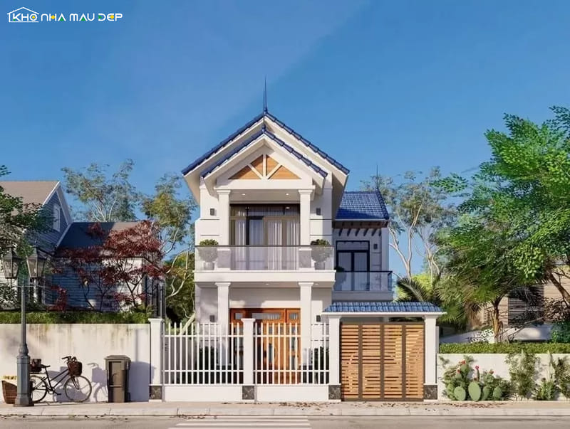 Thiết kế nhà 2 tầng phong cách đơn giản với mái dốc nhẹ và bố cục mặt tiền gọn gàng