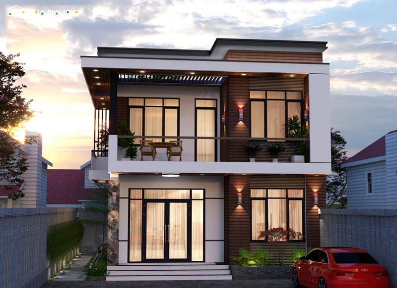 Kiến trúc nhà 2 tầng mái bằng phong cách hiện đại, sử dụng các mảng tường vuông vức