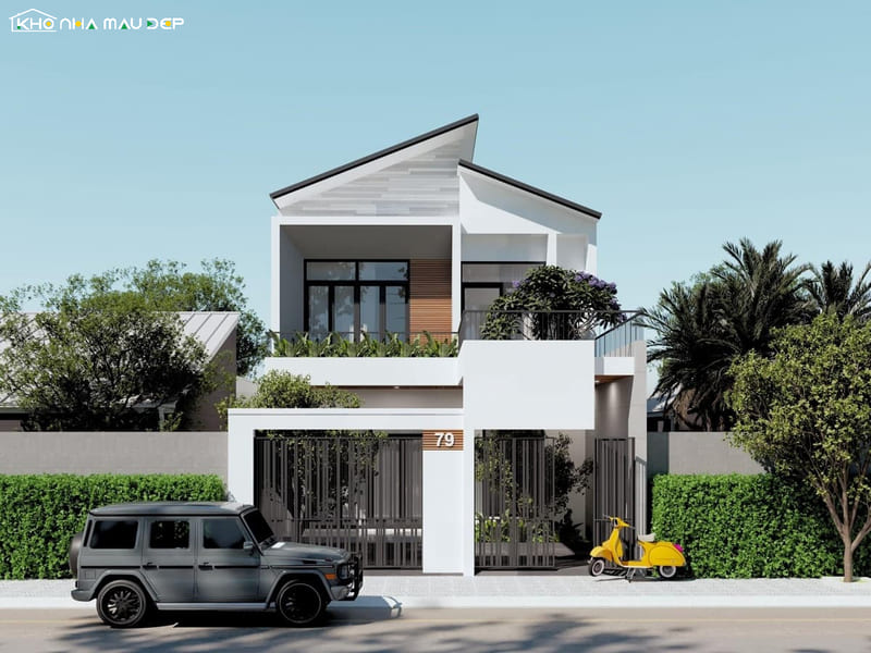 Mặt tiền nhà 2 tầng mái lệch phong cách tối giản, sử dụng ban công rộng và mảng kính lớn