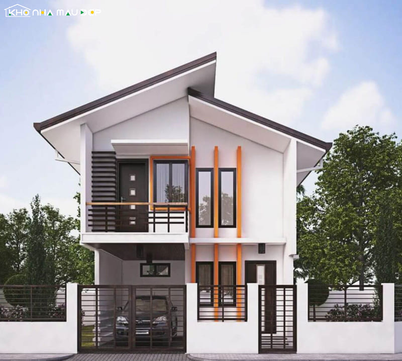 Thiết kế nhà 2 tầng mái lệch hiện đại với hình khối kiến trúc phá cách, mặt tiền sử dụng ban công nhỏ