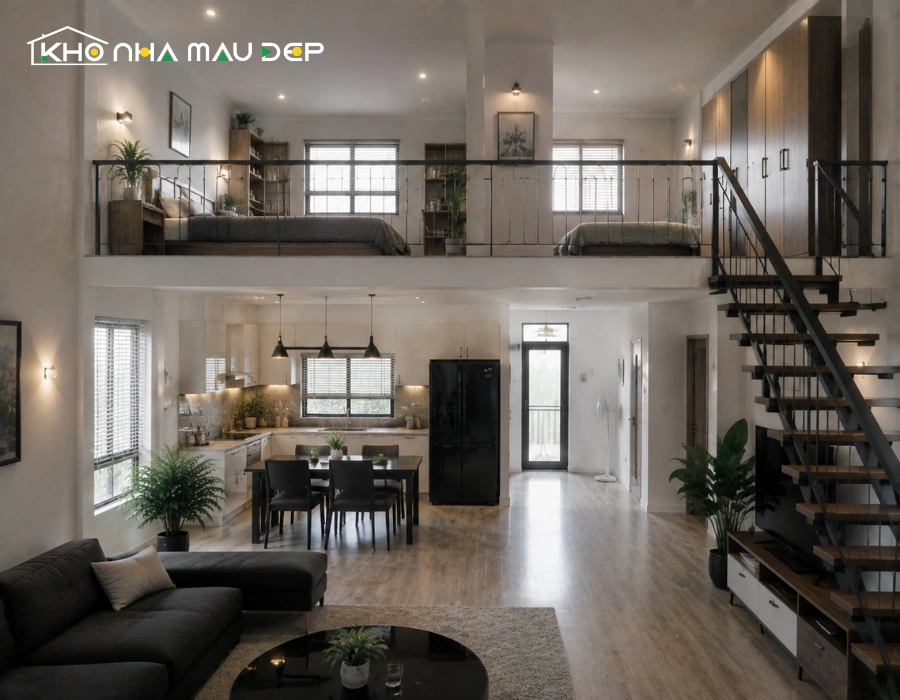 Mẫu nhà 1 tầng trệt 1 gác lửng 2 phòng ngủ thiết kế tối giản