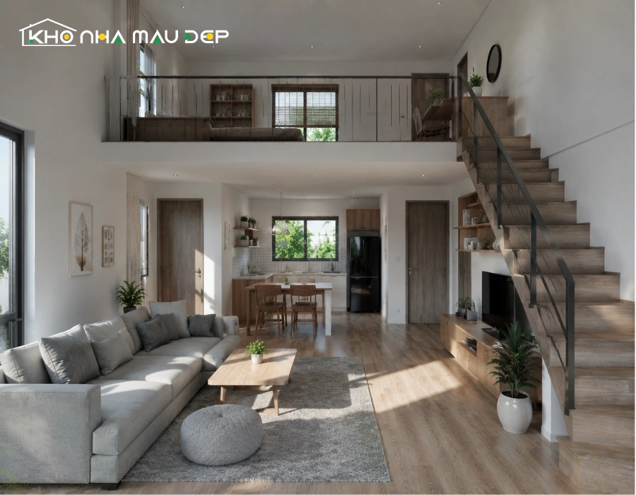Mẫu nhà gác lửng 2 phòng ngủ mái bằng